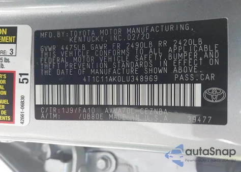 2020 Toyota Camry Le из США, поврежденный, VIN 4T1C11AK0LU348969